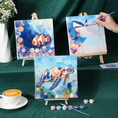Nezyo 12 Sets Paint by Numbers with Frame, Ocean Animals Canvas 8x8 Inch | DIY Acrylic Number Painting for Beginners, Sea Life Designs, Includes Brushes Paints, Party Classroom Birthday Gift - style: Sea Creatures