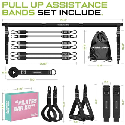 Pilates Bar Kit with 6 Latex Resistance Bands, Adjustable Exercise Bar - color: Black