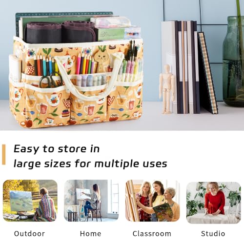 Craft Organizer Tote Bag with Multiple Pockets,Scrapbooking Art Storage | Portable Travel Containers for Caddy,Art and Craft Sewing Bag,Daily Use and Office Supplies Storage.Yellow Teapot - color: Yellow Teapot