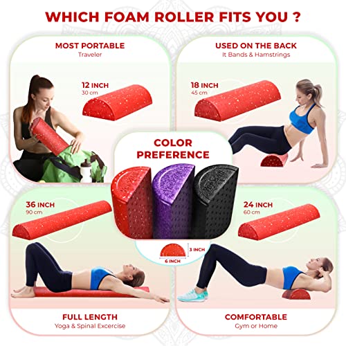 Yes4All High-Density EPP Half Round Back Roller Foam, Exercise Foam Roller for Yoga, Pilates & Stretching - 12, 18, 24, 36 inch - color: Red Snow, style: 12 inch