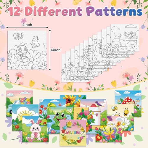 Anseal 12 Packs Pre Drawn Canvas to Paint, 4" X 4" Spring Pre-Printed Paint Party, Pre Stretched Canvas Outline Painting Boards for Paint Lovers, Party Favor - style: Spring