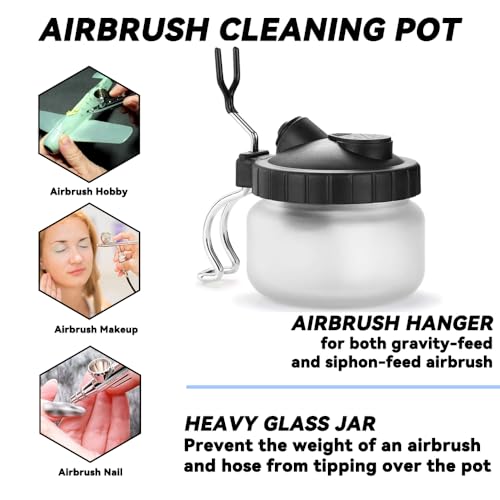 Langlengtec Airbrush Cleaning Kit Wash Jar with 5pcs Nozzle Set, 5pcs Brushes for Home and Office Use, Stainless Steel Duster with air Brush Needle Wrench