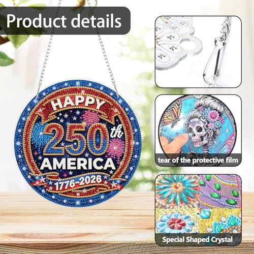 ARPADAMO Hanging Ornament Diamond Art Kits for Adult Anniversary 7.2x7.2in | 5D DIY Special Shaped Crystal Independence Day 250th America Patriotic Diamond Painting Kit,Window Hanging Gift Home Garden - color: DP03973