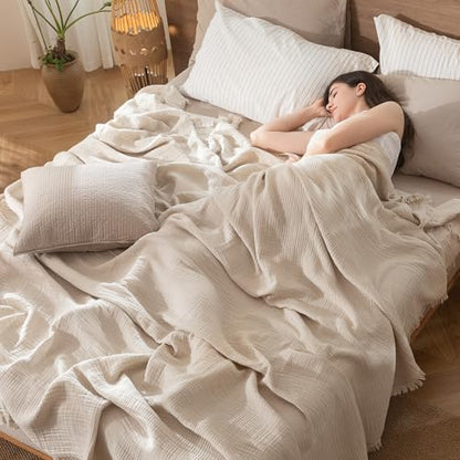 MooMee 100% Cotton Muslin Blanket Fringed 4-Layer Gauze Bed Throw, Queen - color: Cream Grey, size: Queen