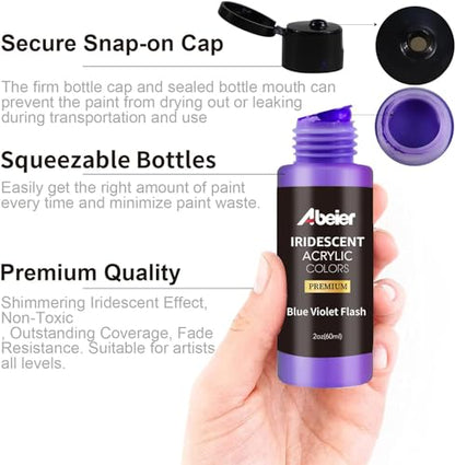 ABEIER Iridescent Acrylic Paint Set, 18 Colors x 2 oz, Non-Toxic | Non-toxic, chameleon color shift, shimmery metallic finish, rich pigments, smooth blending, waterproof when dry - color: 18 Colors