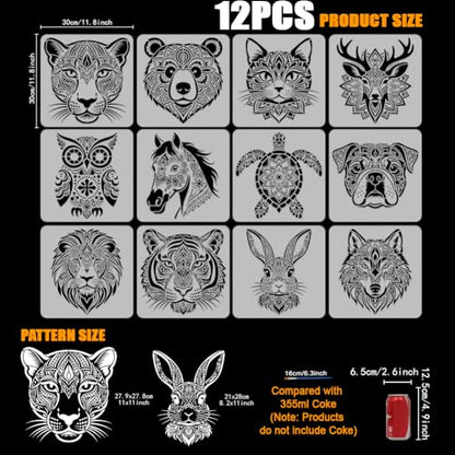 FINGERINSPIRE 12 Styles Mandala Texture Animal Stencils with a Brush 11.8x11.8inch Tiger Bear Owl Tiger Bear Owl Horse Leopard Deer Dog Turtle Lion Wolf Rabbit Painting Stencil Animal Theme Template