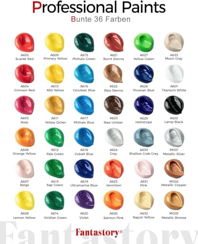 Fantastory 60ml 36 Colors Acrylic Paint Set with 12 Brushes | Professional Series, Thick Paints for Adults, Canvas, Wood, Fabric, Ceramic, Rock Painting - style: 36 Classic Colors
