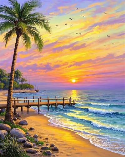 ZRIZQ Beach Paint by Numbers Kit for Adults Beginner,Sunset,16x20 | Full set with rich paints,wooden brushes,rolled canvas.Calming activity.Beginner friendly.Just open and paint. - color: 16"X20"Rolled Canvas-Beach 1
