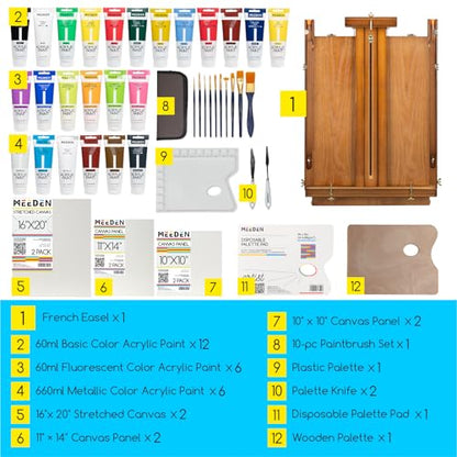 MEEDEN Painting Kit with French Easel, 24 Colors Acrylic Paint Set, 10 Pcs Paint Brush Set, Canvas Set & Art Supplies, Great Painting Set for Beginners & Artists