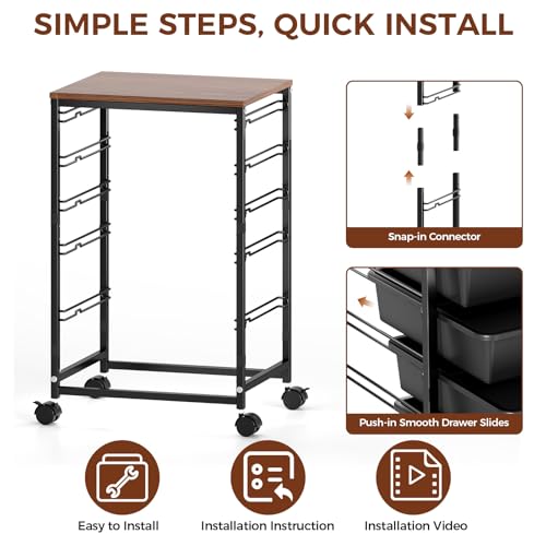 SYKIARIOL 5-Tier Rolling Cart with Drawers with Wooden Top, Black | Mobile Craft Storage Drawer Cart Trolley for Home Office, Classroom, Craft Room & Kid Room - color: Black