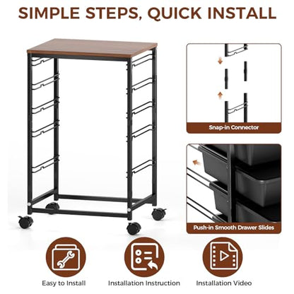 SYKIARIOL 5-Tier Rolling Cart with Drawers with Wooden Top, Black | Mobile Craft Storage Drawer Cart Trolley for Home Office, Classroom, Craft Room & Kid Room - color: Black