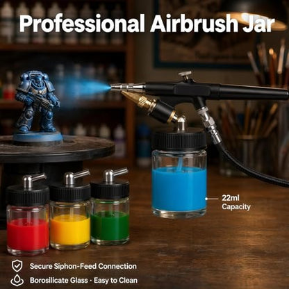 10pk 0.75oz Glass Airbrush Bottles,60°Siphon with Storage Lids & Cap | 60° siphon adapter fits Iwata/Master/Badger/Paasche. 10 glass jars + 5 sealing lids for storage + 10 silicone dust caps - size: G3PG