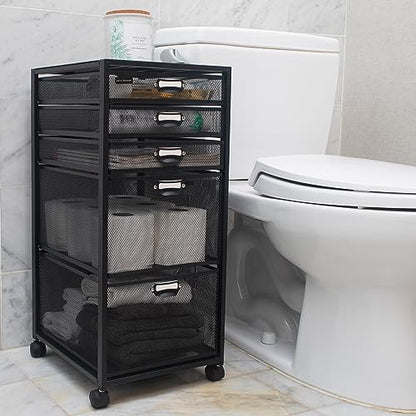 Mind Reader Vertical Office Storage Organizer with Mesh Drawers Label Holders and Optional Wheels, Metal Mesh, Black - size: 5-Drawers