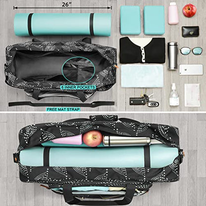 Yoga Mat Bag Carrier with 8-Pocket & Wet Pocket, Air Vent | Large Yoga Mat Holder Fits Thick Mats & Blocks | Gym Duffle Bag for Women & Men - color: White Leave on Black