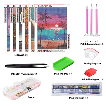 abcGoodefg Diamond Art Kits for Adults 6 Pack, DIY 5D Diamond Art Paintings Beach Sunset Round Full Drill Paint by Diamonds, 12x16 inch - color: Sunset