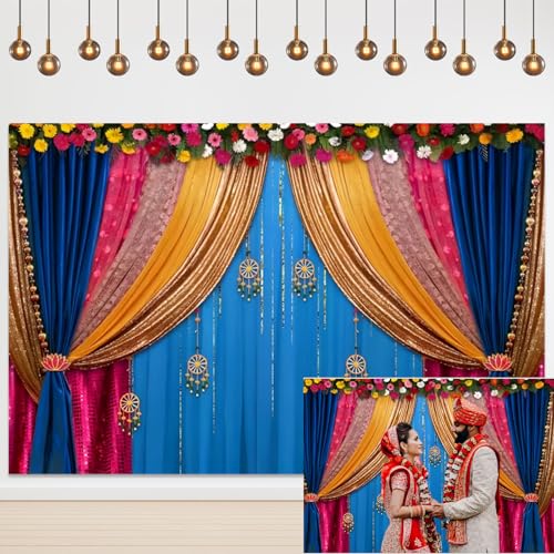 Yeele 9x6ft India Pooja Backdrop Diwali Marigold Blue Curtain Background for Photography Indian Ganpati Puja Traditional Wedding Festival Party Decoration Photo Booth Props - size: 9x6ft