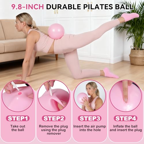 LiKiLiKi Pilates Ring and Ball Set, Home Pilates Equipment for Women with Resistance Bands, 12'' Magic Circle, 9.8'' Ball, for Strength, Toning and Flexibility, Fitness Essentials Starter Accessories - color: Pink