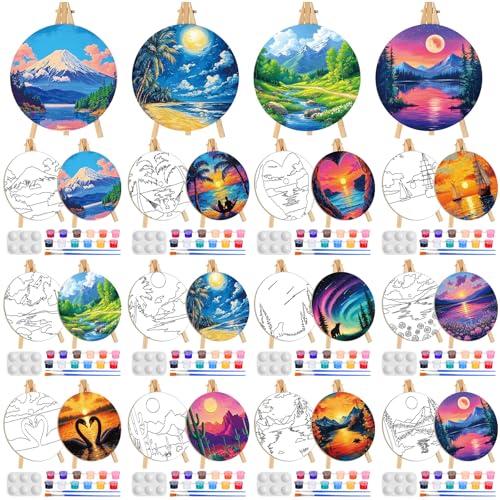Supervitae 72 Piece Scenery Round Pre Drawn Canvas Kit 8" Paint and Sip Kit for Adults Painting Party Pre Printed Canvas DIY with Pictures Paints Easels Brushes for Party Gifts - size: 8", style: Scenery