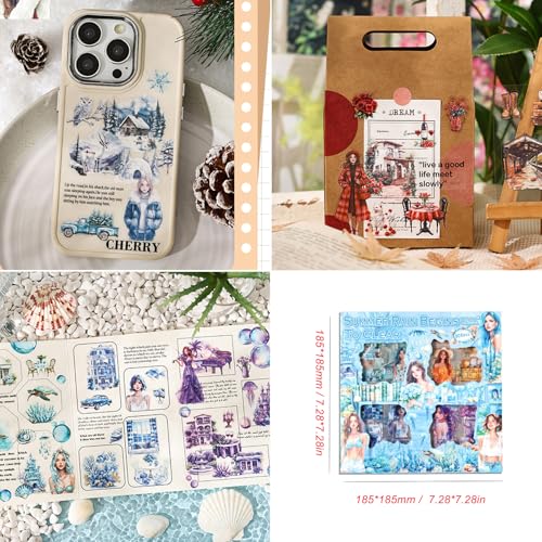 500PCS Scrapbook Stickers Kit, Retro House Coconut Tree Flowers People Transparent Waterproof Pet Stickers Set, Aesthetic Junk Journal Supplies for Scrapbooking, Journaling, Collage, DIY Art Crafts - color: Summer Rain and Sunshine