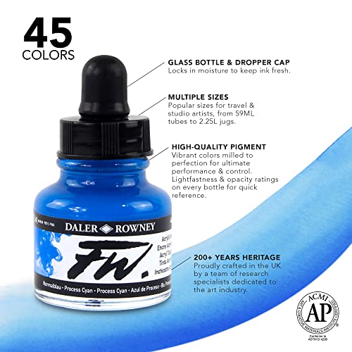 Daler-Rowney FW Acrylic Ink Bottle 3-Color Starter Set with Empty Marker - Acrylic Set of Drawing Inks for Artists and Students - Art Ink Calligraphy Set - Permanent Calligraphy Ink - style: 3 Pack, Primary