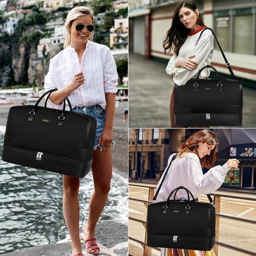 ITIEZY Weekender Bag for Women 21.5" Travel Duffel Large Carry On Bag 3PCS | Nylon Duffel Bag with Waterproof Shoe Compartment, Crossbody Bag and Toiletry Bag, Travel Weekend Hospital Overnight Gym Bag - color: 9-black
