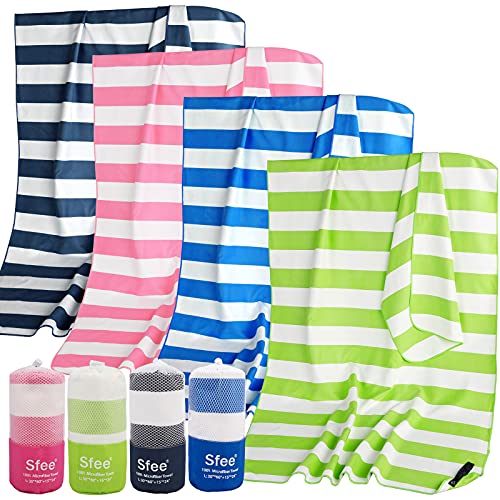 Sfee 2 in 1 Microfiber Beach Towel, Quick Dry Towel Camping Towel Travel Towel Super Absorbent Compact Lightweight Sports Gym Towels Set for Beach, Gym, Hiking, Pool, Backpacking, Bath, Yoga - color: Green Stripe, size: L 60"x30"+24"x15"