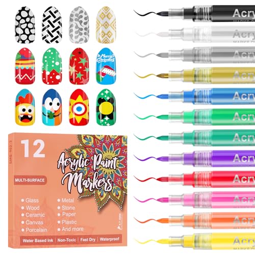 12 Color 3D Nail Art Pens Kalolary Nail Art Markers 0.7MM Nail Polish Pens | Nail Point Graffiti Dotting Pen Quick Drying Acrylic Paint Markers for Nail Art Design Home & Salon Nails DIY - color: R