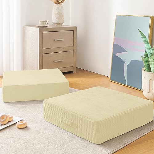 Wellsin Solid Square Floor Pillows for Adults Kids - Large Meditation Floor Pillow Seating Cushion with Thick Foam & Washable Velvet Cover, 2 Pack, 22x22x5 Inch, Beige - color: Beige, size: 2 Pack (22"x22")