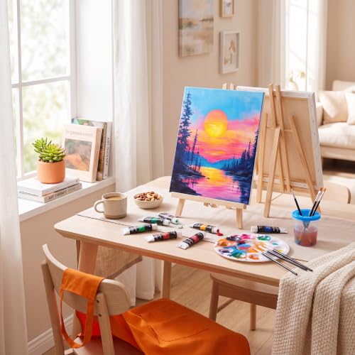 Cholemy 8 Set Paint and Sip Kit for Adults 8'' x 10'' Pre Drawn Canvas with Wooden Easels Acrylic Paint Brushes Wash Cup Palette Apron for Painting DIY Date Night Party Supplies (Sunset Lake) - style: Sunset Lake