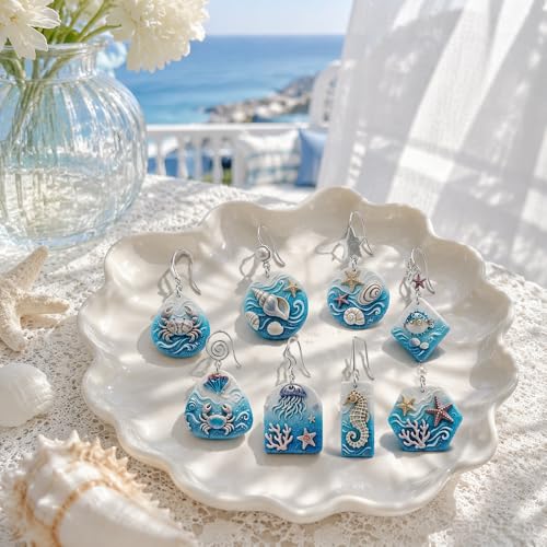 Summer Ocean Polymer Clay Texture Roller Underwater Oceanic Marine Life Jellyfish Coral Starfish Shell Texture Roller for Clay Geometric Polymer Clay Cutters Set Earring Jewelry Making Crafts Tools
