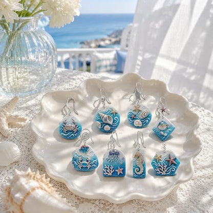 Summer Ocean Polymer Clay Texture Roller Underwater Oceanic Marine Life Jellyfish Coral Starfish Shell Texture Roller for Clay Geometric Polymer Clay Cutters Set Earring Jewelry Making Crafts Tools