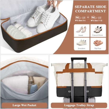 Gym Bag for Women, 45L Carry On Travel Duffel Bag with Shoes Compartment - color: White Black Brown, size: Large
