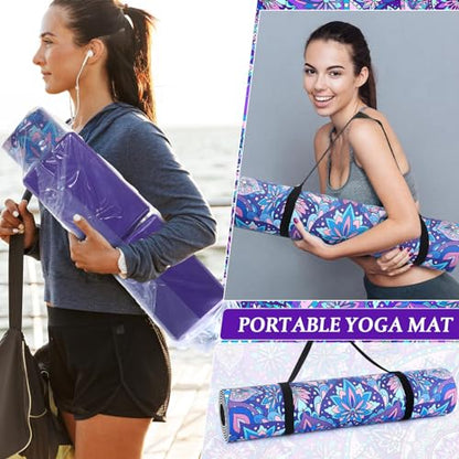 Tinideya 3 Pcs Yoga Mat and Blocks Set 6mm Non Slip Strap - color: Purple