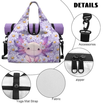 Gym Bag with Yoga Mat Holder Large Tote Bag With Multi Pockets for Women Men Dry Wet Separated Pocket Carryall Yoga Tote Bag for Pilates Travel Workout Office - color: Pink Axolotl
