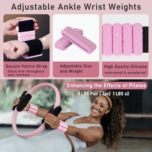 Pilates Ring Kit with Adjustable Ankle Wrist Weights, Resistance Bands, Ball, Pilates Equipment Ball for Home Workout to Tone, Sculpt and Strengthen, Fitness Magic Circle Rings for Yoga Women - color: Pink