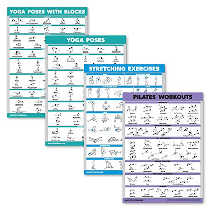 4 Pack - Yoga Block Poses + Pilates Exercise + Yoga Poses Positions + Stretching Posters - Set of Four Fitness Charts