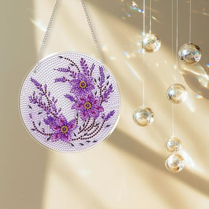 Eiflow Glass Diamond Art Hanging Kit for Adults, DIY Diamonds Painting Door Hanging Board Kit, Special Crystal Diamond Art Painting Pendant Ornament (Purple Flower) - color: Purple Flower