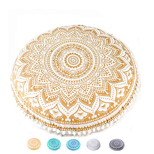 Mandala Life ART Bohemian Yoga Décor Floor Cushion Cover - Insert NOT Included - Round Mediation Pillow Case - Hand Printed Organic Cotton Pouf - color: Golden Lotus
