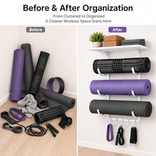 Wall Mount Yoga Mat Storage Rack, Heavy Duty Iron Organizer with 3-Tier J-Hooks, Wide Top Shelf and 5-Hook Bottom Rail for Yoga Mats, Foam Rollers, Blocks and Home Gym Accessories - color: White