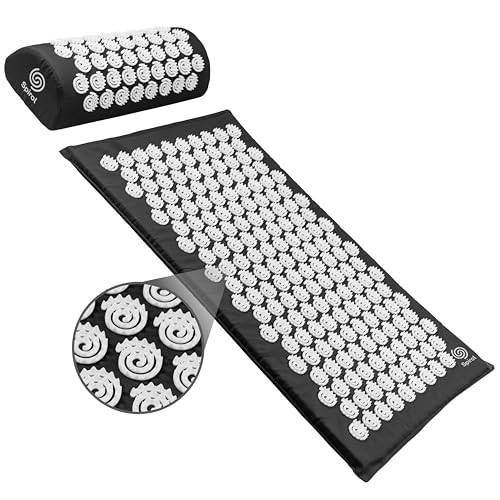 Spirol Acupressure Mat and Pillow Set for Back, Neck and Shoulder Pain Relief, with Flexible Acupressure Spikes, Includes Carry Bag (Onyx) - color: Onyx
