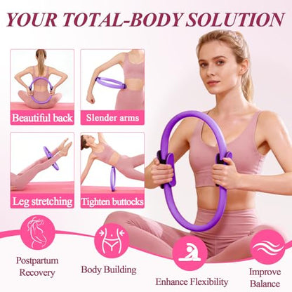 Pilates Ring and Small Ball Set for Women with 5 Resistance Bands, 14 inch Magic Circle Home Workout Essentials Starter Kit for Beginners, Yoga Sets for Full Body Toning Shape