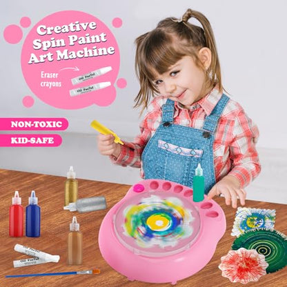 Spin Art Machine for Kids, Paint Spinner Arts & Crafts Gift Kit, Ages 4-12 | Includes machine, 36 artboards, 7 washable paints & splatter guard. Easy-clean, screen-free STEAM gift for girls & boys - color: Pink