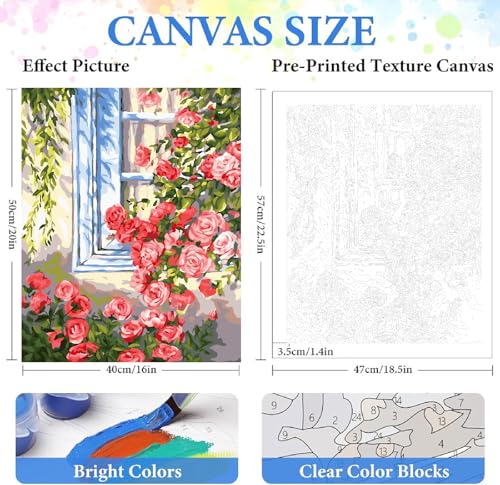 ZRIZQ Paint by Numbers Kit for Adults Beginner,Flowers Window,16x20 | Full set with wooden brushes,rolled canvas,rich paints.Calming activity.Beginner friendly.Just open and paint. - color: 16"X20"Rolled Canvas(Frameless)-Flowers 14