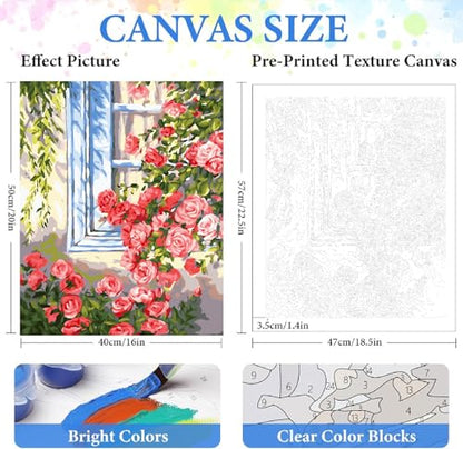 ZRIZQ Paint by Numbers Kit for Adults Beginner,Flowers Window,16x20 | Full set with wooden brushes,rolled canvas,rich paints.Calming activity.Beginner friendly.Just open and paint. - color: 16"X20"Rolled Canvas(Frameless)-Flowers 14