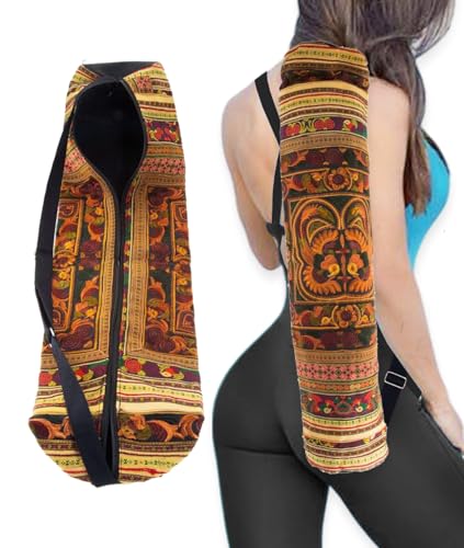 WitnyStore Yoga Mat Bag 30" Long Gold Brown Floral Pattern Full-length Zip Adjustable Strap Unique Exercise Fitness Accessory Multicolor Thai Design Cotton Bags For Carrying Regular Sized Mats