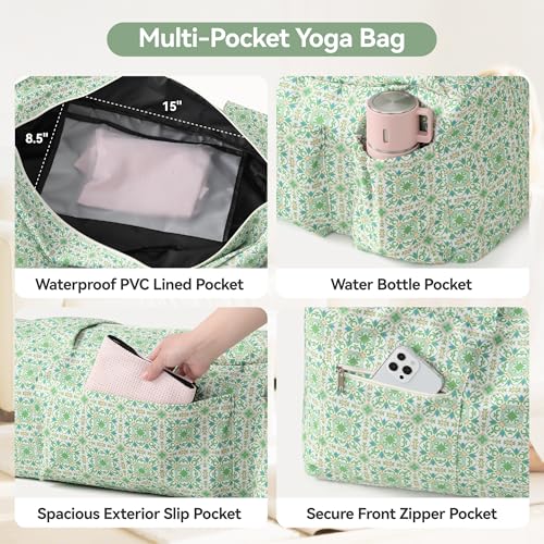 BOULDER BEE Yoga Mat Bag with Wet Pocket, Large Yoga Mat Carrier Fits All Your Stuff, Personalized Yoga Gifts, Gym Tote Bag for Women - color: Green