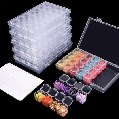 Diamond Painting Storage Boxes 6 Pack 28 Grid 168 Slots Bead Organizer | Clear Plastic, Divided Compartments, for Diamond Art Beads Jewelry and Craft Supplies, Portable Project Storage - size: 6pcs