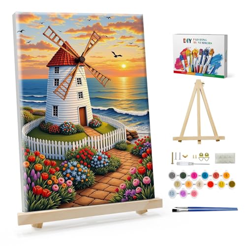 SparkGlow Windmail Paint by Number Kits for Adults with Frame, 8×12 Inch | Sunset Landscape Painting by Numbers, Premium Materials, Fun and Relax, Include Easel, Number Painting for Gift, Home Decor - color: Landscape027