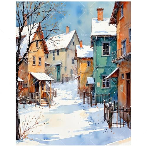 Winter Village Paint by Numbers Kit for Adults - DIY Snowy Houses and Street Scene Painting on Canvas, Acrylic Paint Set, Suitable for Beginners, Art for Home Decoration or Gifts(12X16IN Framed) - color: HSX01412, size: 12X16IN Framed