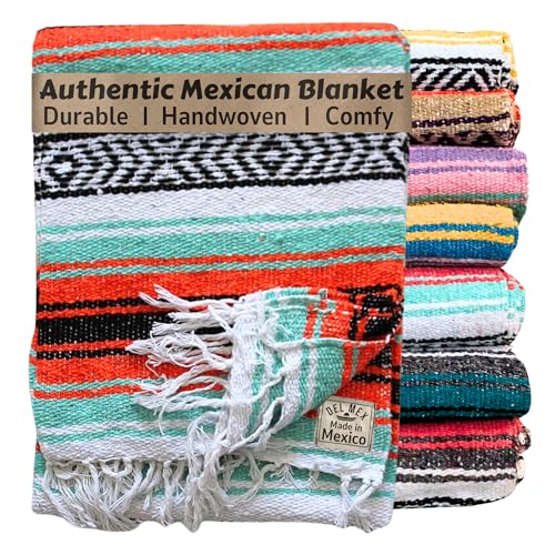 Del Mex Classic Mexican Blanket, Large Authentic Woven Falsa Throw (70"x50"), Artisan Southwest Décor for Beach, Yoga, Outdoors (Mint/Orange) - color: Mint/Orange